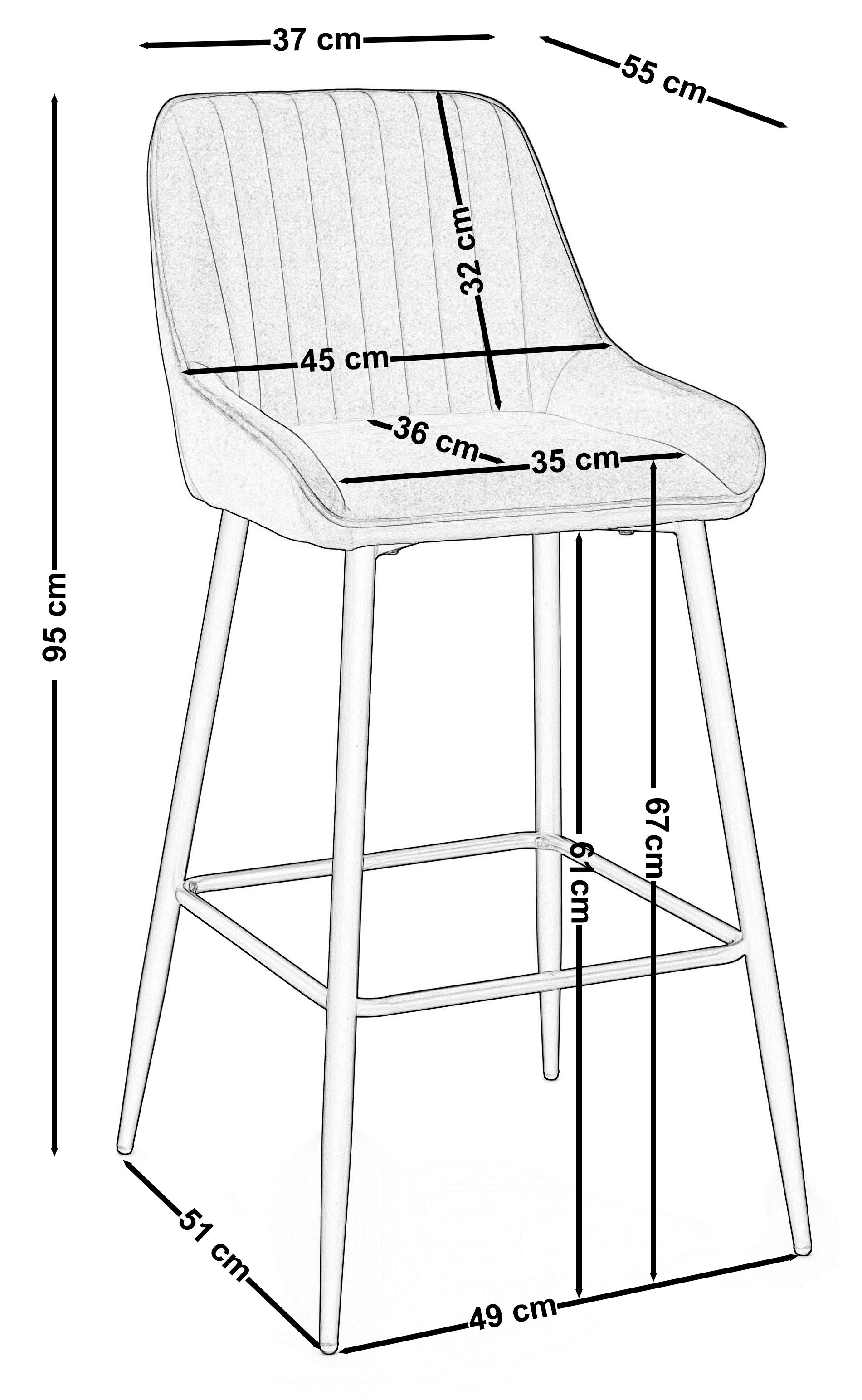 Na obrazie widoczny jest hoker tapicerowany z wymiarami: wysokość 95 cm, szerokość siedziska 45 cm, głębokość siedziska 36 cm, wysokość oparcia 32 cm, wysokość do siedziska 67 cm, szerokość podstawy 49 cm, głębokość podstawy 51 cm.