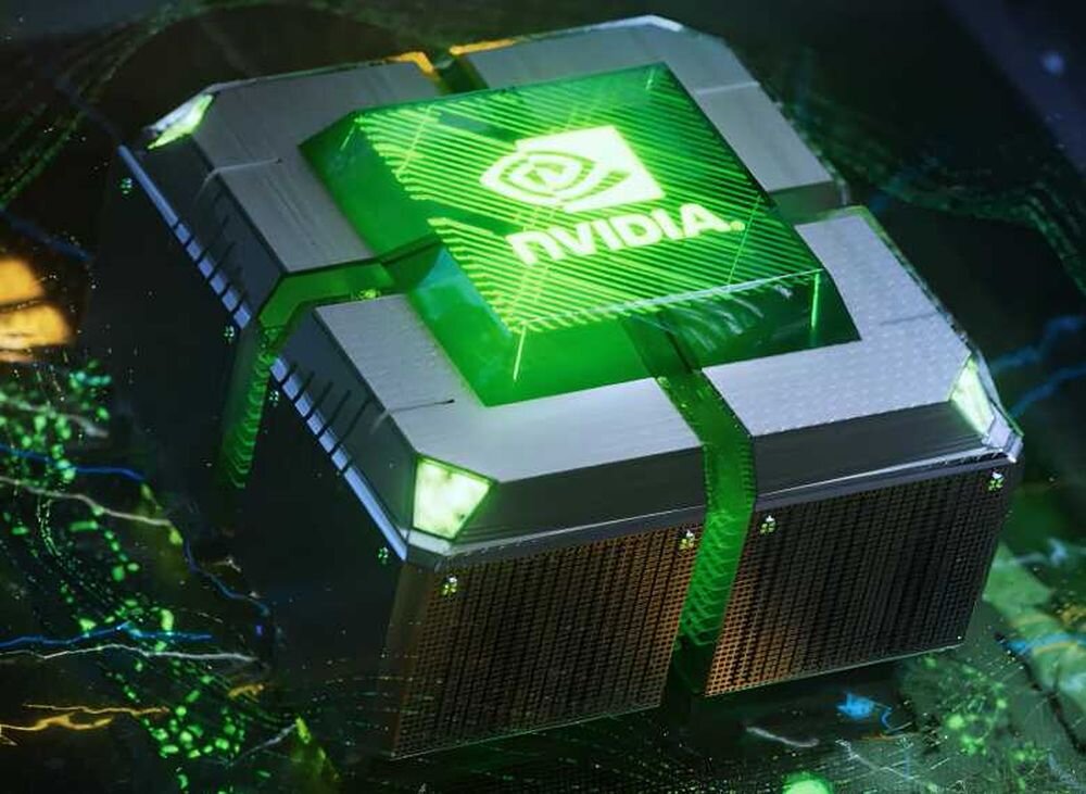 Obraz przedstawia stylizowany układ scalony z logo NVIDIA na zielonym tle. Układ jest otoczony elementami przypominającymi radiatory, a całość jest oświetlona zielonym światłem.