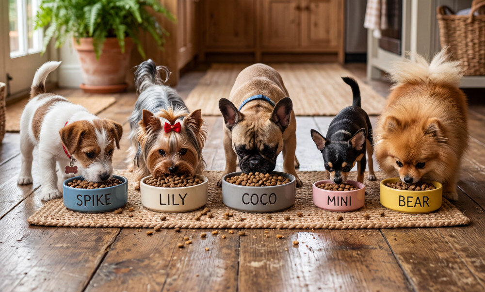 Pięć psów je karmę z misek ustawionych na dywanie, każda miska ma napis: SPIKE, LILY, COCO, MINI, BEAR. W tle widać drewnianą podłogę i szafki kuchenne.
