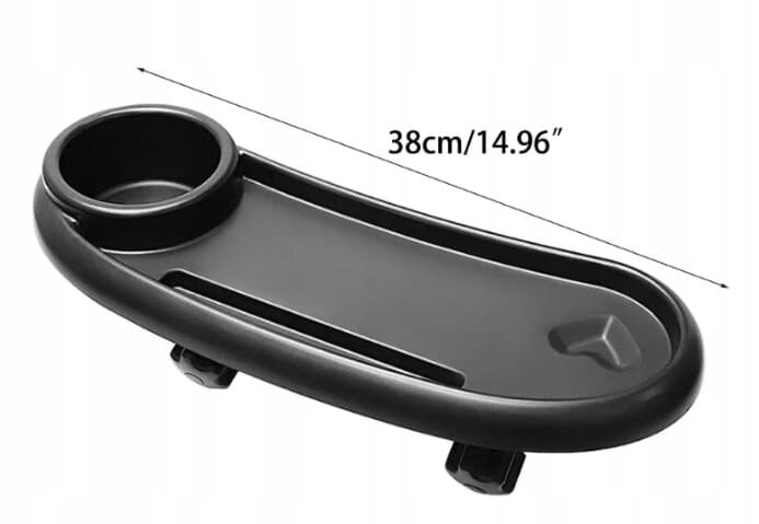 Czarna tacka do spacerówki z miejscem na kubek i przekąski, o długości 38 cm (14.96 cala).