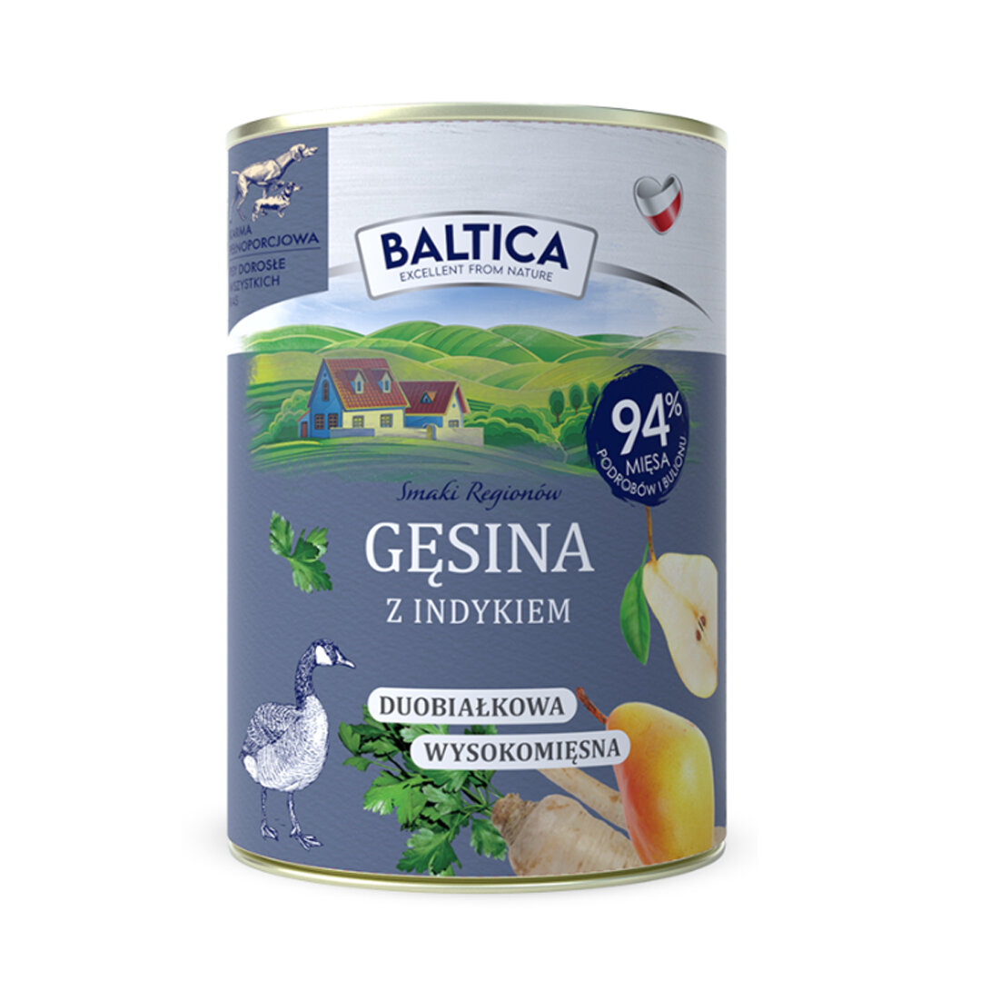 Puszka karmy dla psa marki Baltica z etykietą przedstawiającą krajobraz z domem i napisami: \'Gęsina z Indykiem\', \'Duobiałkowa Wysokomięsna\'. Widoczne jest logo Baltica oraz informacja \'94% mięsa podrobów i gęsiny\'.