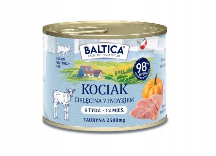 Puszka karmy dla kociąt marki Baltica o smaku cielęciny z indykiem, z etykietą przedstawiającą krajobraz i kawałki mięsa. Na etykiecie widnieje napis: \'Kociak Cielęcina z Indykiem 6 Tydz. - 12 Mies. Tauryna 2500mg\'.