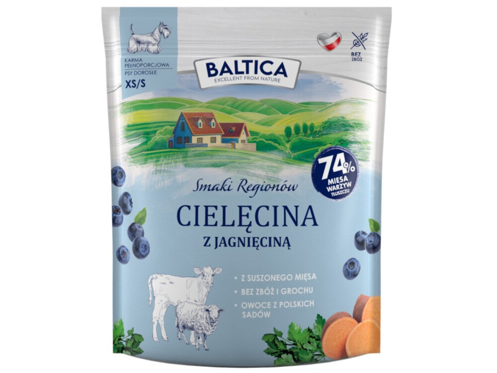 Opakowanie karmy dla psów z grafiką przedstawiającą wiejski krajobraz i napisem \'BALTICA Smaki Regionów CIELĘCINA Z JAGNIĘCINĄ\'. Widoczne są informacje: \'74% mięsa warzyw tłuszczy\', \'Z SUSZONEGO MIĘSA\', \'BEZ ZBÓŻ I GROCHU\', \'OWOCE Z POLSKICH SADÓW\'.