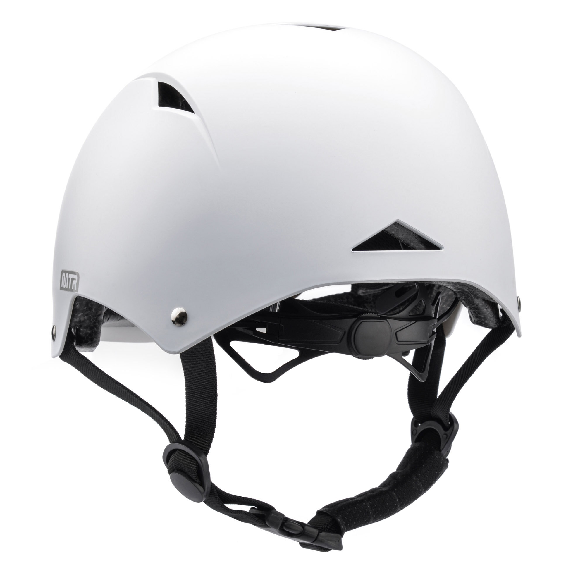 Biały kask rowerowy z czarnymi paskami i regulacją z tyłu. Na kasku widoczne jest logo \'MTR\'.