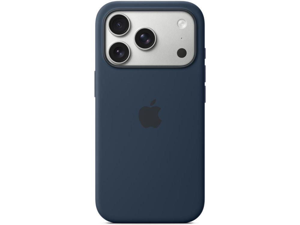 Etui w kolorze ciemnoniebieskim z logo Apple, przeznaczone do telefonu z trzema obiektywami aparatu i lampą błyskową.