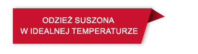 Czerwony prostokąt z czarną obwódką i tekstem \'ODZIEŻ SUSZONA W IDEALNEJ TEMPERATURZE\'.