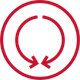 Czerwony symbol przedstawiający dwa okręgi z dwiema strzałkami skierowanymi do siebie wewnątrz. Symbol może sugerować funkcję związaną z obiegiem lub cyklem.