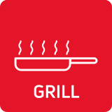 Czerwona ikona z białym symbolem patelni z unoszącą się parą oraz napisem \'GRILL\'.