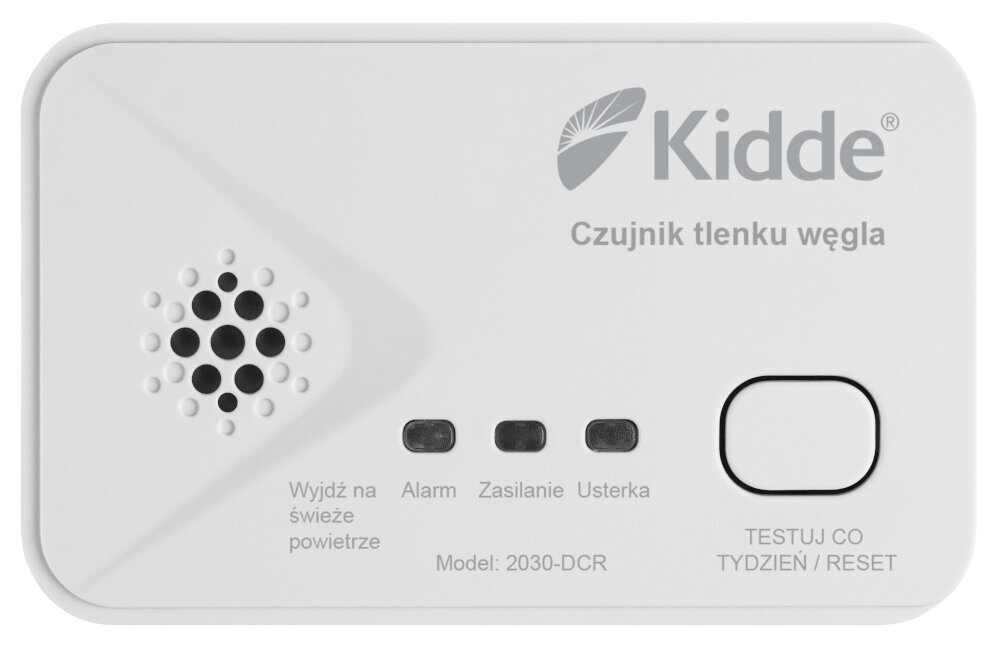 Biały czujnik tlenku węgla z logo \'Kidde\' i napisem \'Czujnik tlenku węgla\'. Widoczne przyciski i wskaźniki: \'Wyjdź na świeże powietrze\', \'Alarm\', \'Zasilanie\', \'Usterka\', \'Model: 2030-DCR\', \'TESTUJ CO TYDZIEŃ / RESET\'.