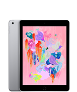 Tablet z dużym ekranem wyświetlającym kolorową grafikę, obok widoczny jest jego tył w srebrnym kolorze. Na obudowie znajduje się logo producenta: nadgryzione jabłko.