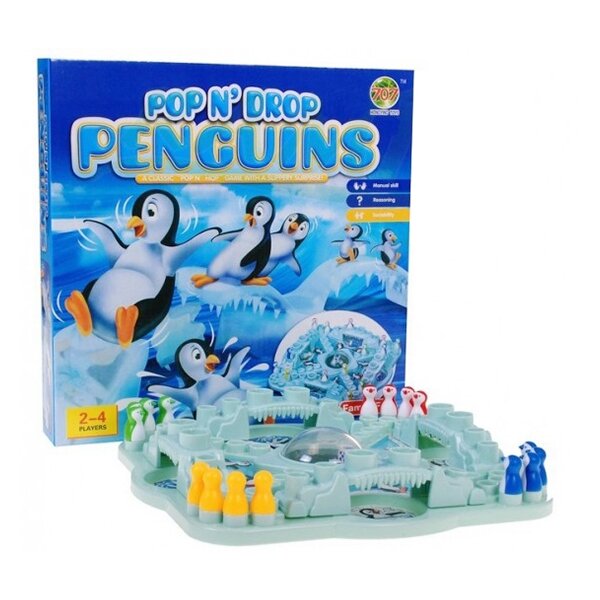 Na obrazie widoczna jest gra planszowa z pingwinami, z planszą w kształcie lodowca i kolorowymi pionkami. W tle znajduje się pudełko z napisem \'POP N\' DROP PENGUINS\' oraz ilustracją pingwinów na lodzie.