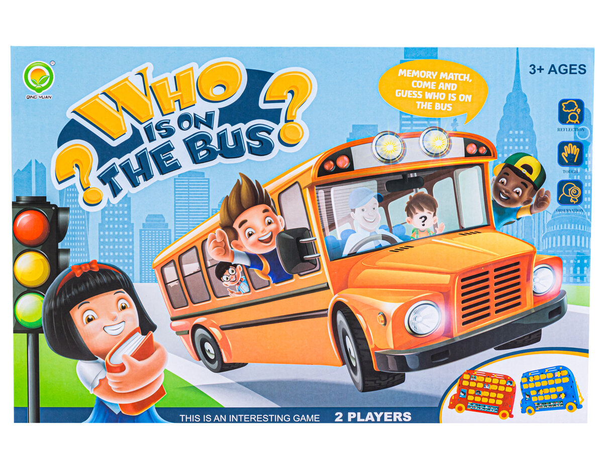 Na obrazku widoczna jest okładka gry \'Who Is On The Bus?\' z ilustracją pomarańczowego autobusu pełnego uśmiechniętych postaci. W tle znajdują się budynki miasta, a po lewej stronie widoczny jest sygnalizator świetlny.