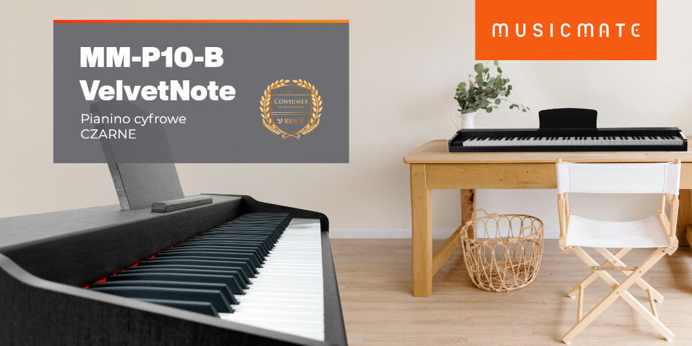 Obraz przedstawia dwa czarne pianina cyfrowe na tle jasnego wnętrza. Widoczny jest tekst: \'MM-P10-B VelvetNote Pianino cyfrowe CZARNE\' oraz logo \'MUSICMATE\'.