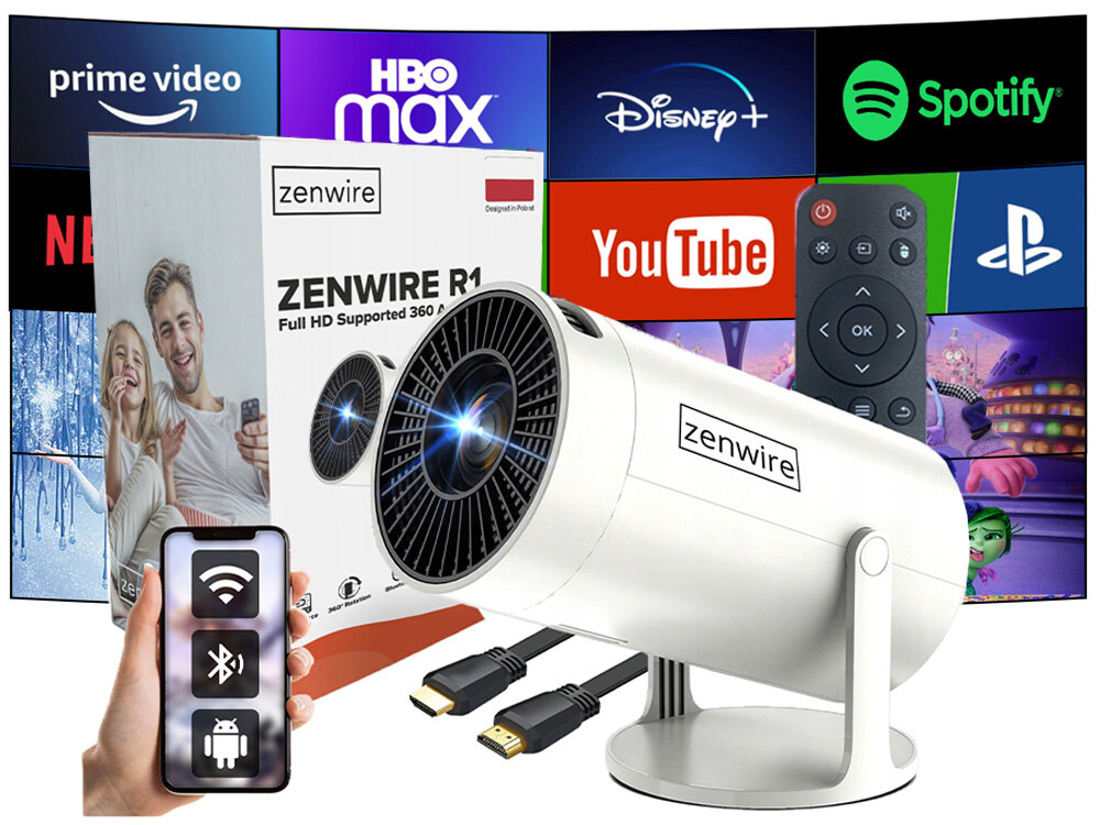Na obrazie znajduje się projektor Zenwire R1 z opakowaniem, pilotem i kablami HDMI. W tle widoczne są logotypy serwisów streamingowych, takich jak Netflix, YouTube i Spotify.