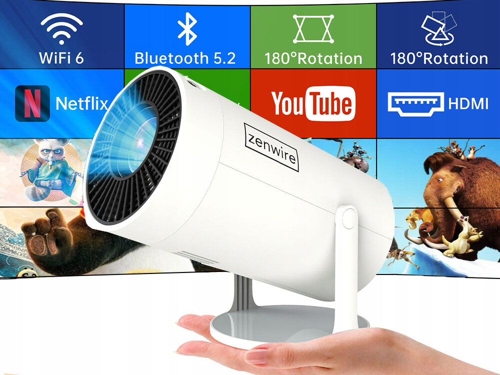 Na obrazie widoczny jest biały projektor z logo \'zenwire\', umieszczony na dłoni. W tle znajdują się kolorowe ikony z napisami: WiFi 6, Bluetooth 5.2, 180° Rotation, Netflix, YouTube, HDMI oraz postacie z animacji.
