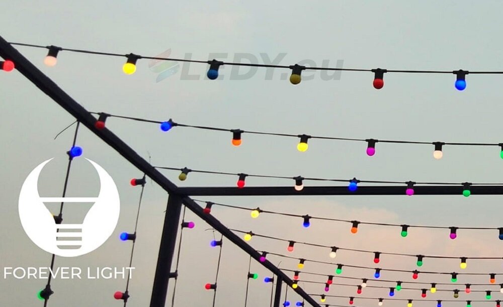 Na obrazie widać kolorowe żarówki zawieszone na czarnych przewodach tworzących sieć. W lewym dolnym rogu znajduje się logo z napisem \'FOREVER LIGHT\'.