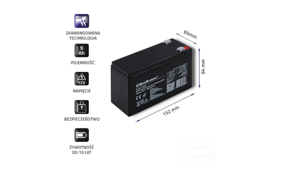 Na obrazie widoczny jest czarny akumulator z oznaczeniami: \'Qoltec\', \'9 Ah\', \'12V\', oraz wymiarami 152 mm x 65 mm x 94 mm. Obok akumulatora znajdują się ikony i teksty: \'ZAawansowana technologia\', \'Pojemność\', \'Napięcie\', \'Bezpieczeństwo\', \'Żywotność do 10 lat\'.