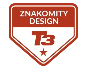 300x240 t3design the-framepro Odznaka w kształcie tarczy z napisem \'ZNAKOMITY DESIGN\' oraz \'T3\' na czerwonym tle z białą gwiazdą poniżej.