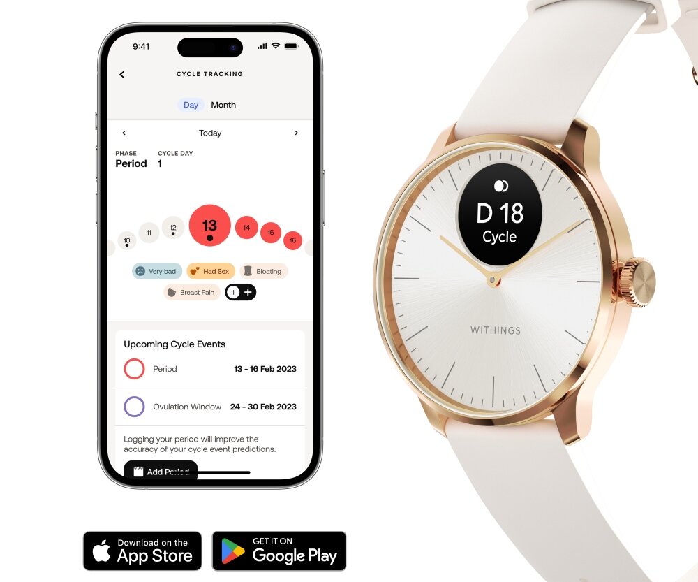 Obraz przedstawia smartwatch z białym paskiem i różowo-złotą kopertą, z wyświetlaczem pokazującym \'D 18 Cycle\'. Obok znajduje się ekran telefonu z aplikacją do śledzenia cyklu, z zaznaczonym dniem \'13\' i informacjami o nadchodzących wydarzeniach cyklu.