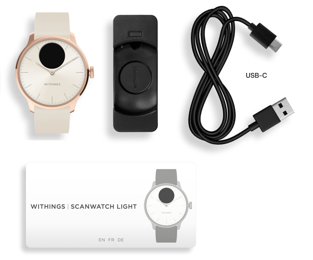 Na obrazie znajduje się smartwatch w kolorze różowo-złotym z logo \'WITHINGS\' na tarczy, czarny kabel USB-C oraz czarny element z logo \'WITHINGS\'. Widoczna jest również karta z napisem \'WITHINGS | SCANWATCH LIGHT EN FR DE\'.