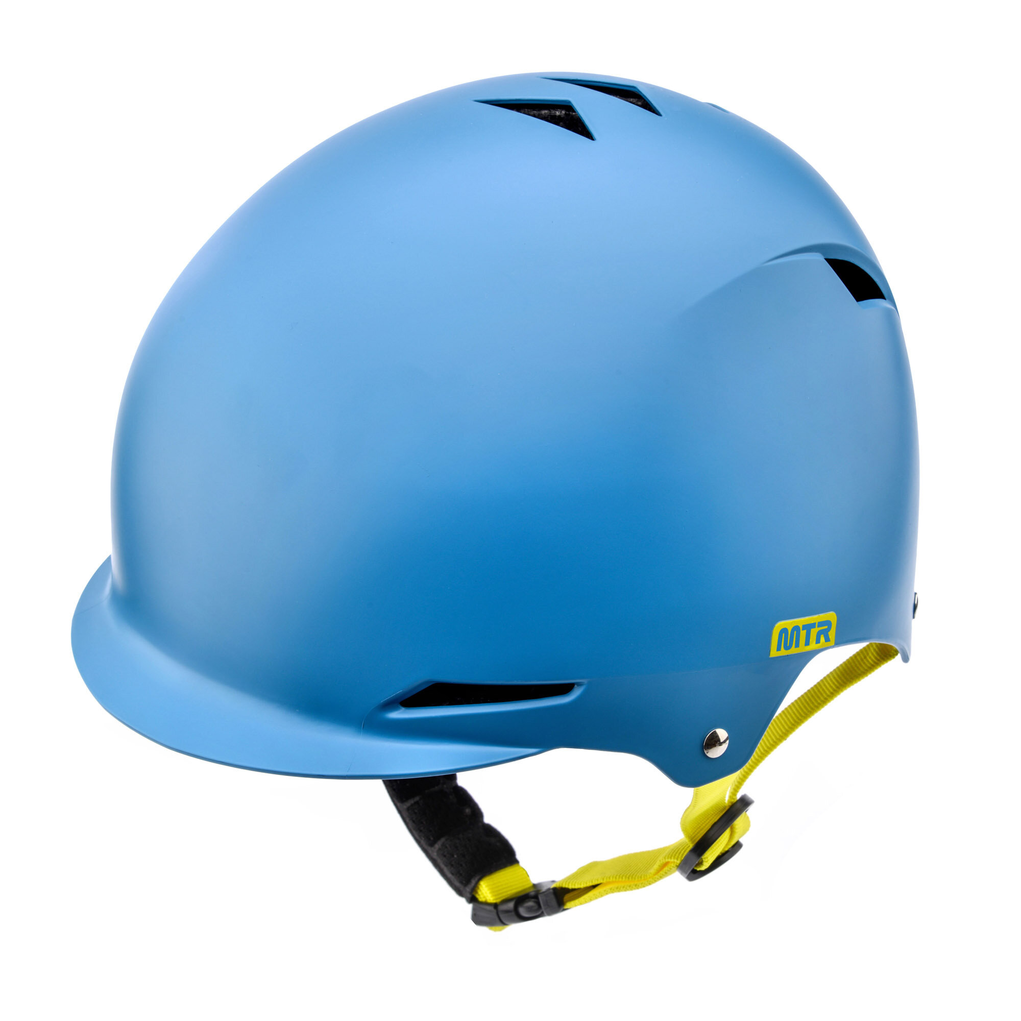Niebieski kask rowerowy z żółtym paskiem i logo \'MTR\'. Kask posiada kilka otworów wentylacyjnych.