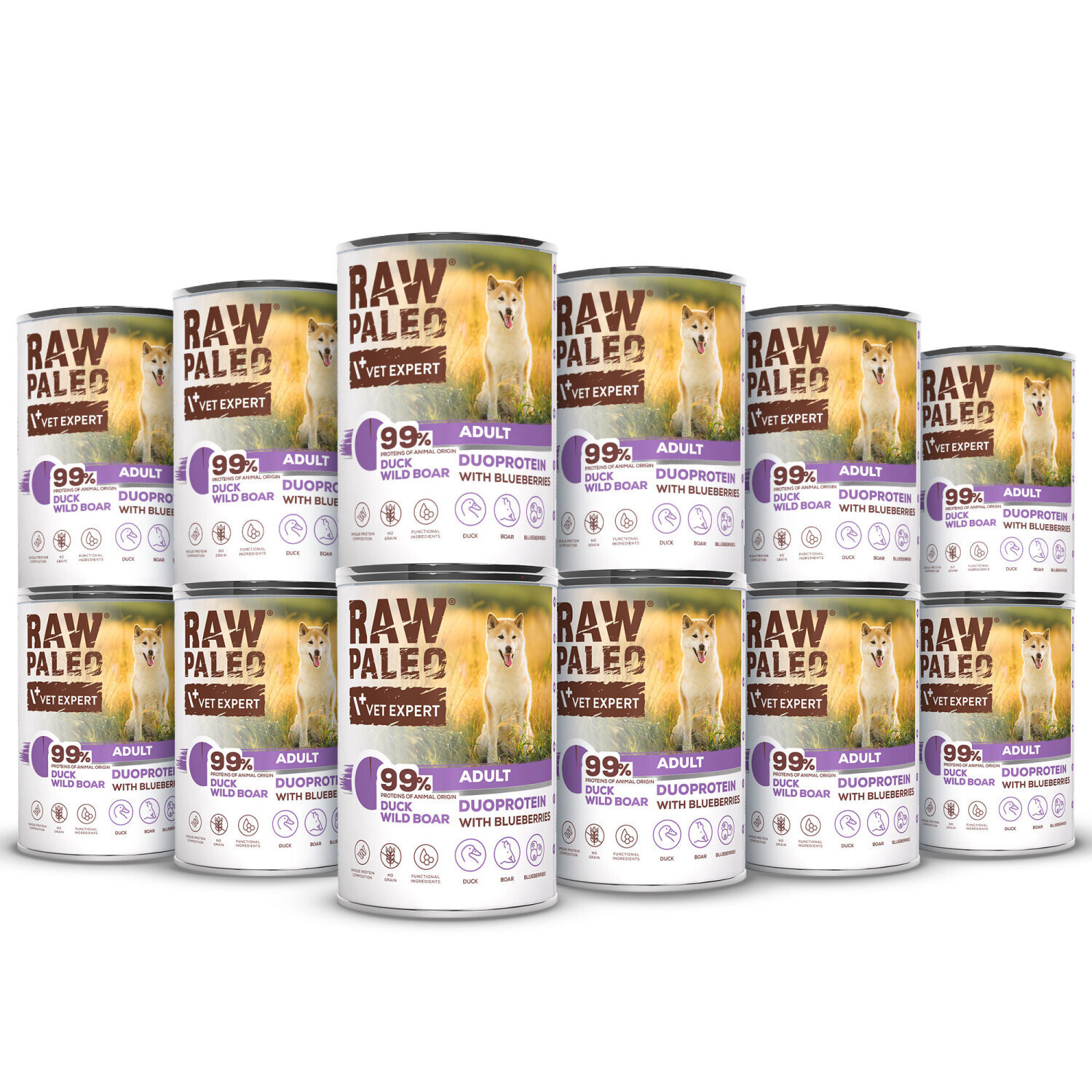 Na obrazie widoczne są puszki z karmą dla psów z napisem \'RAW PALEO VET EXPERT 99% DUCK & WILD BOAR ADULT DUOPROTEIN WITH BLUEBERRIES\'. Puszki są ułożone w stos, a na etykiecie znajduje się wizerunek psa.