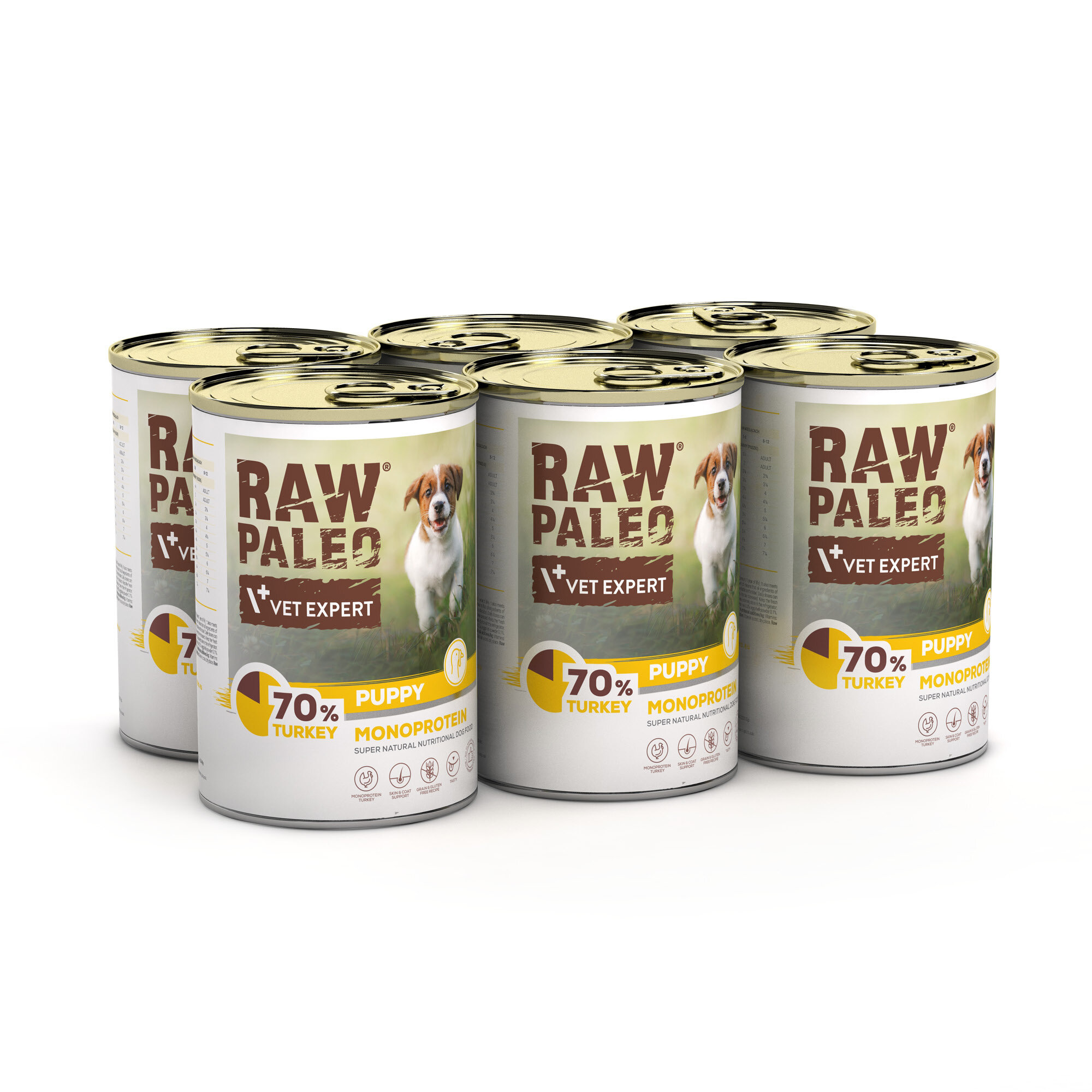 Na obrazie widoczne są puszki z karmą dla szczeniąt marki RAW PALEO VET EXPERT, z napisem \'70% TURKEY PUPPY MONOPROTEIN\'.