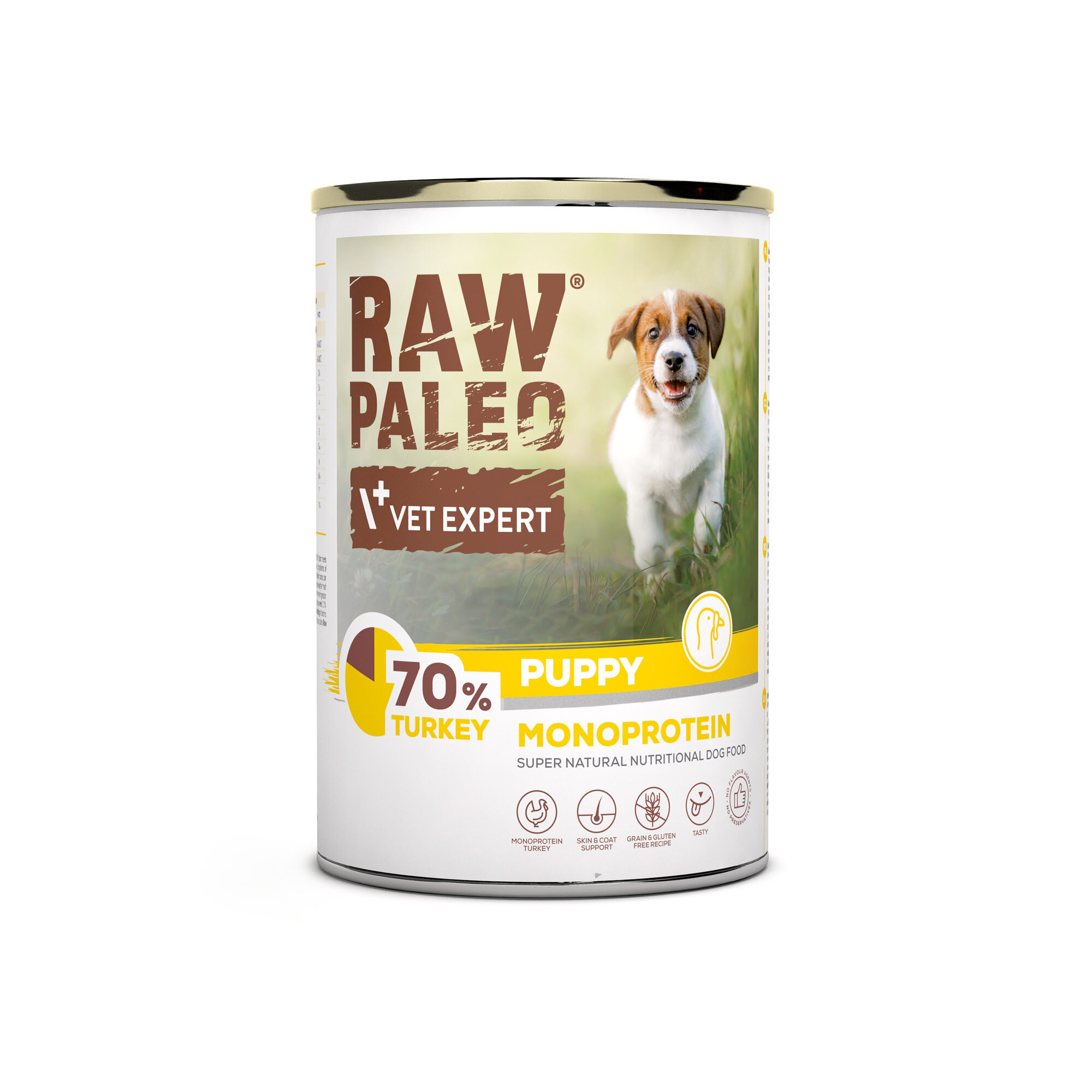 Puszka z karmą dla szczeniąt z etykietą \'RAW PALEO VET EXPERT\' i zdjęciem szczeniaka na tle trawy. Na etykiecie widnieje napis \'70% TURKEY PUPPY MONOPROTEIN\'.