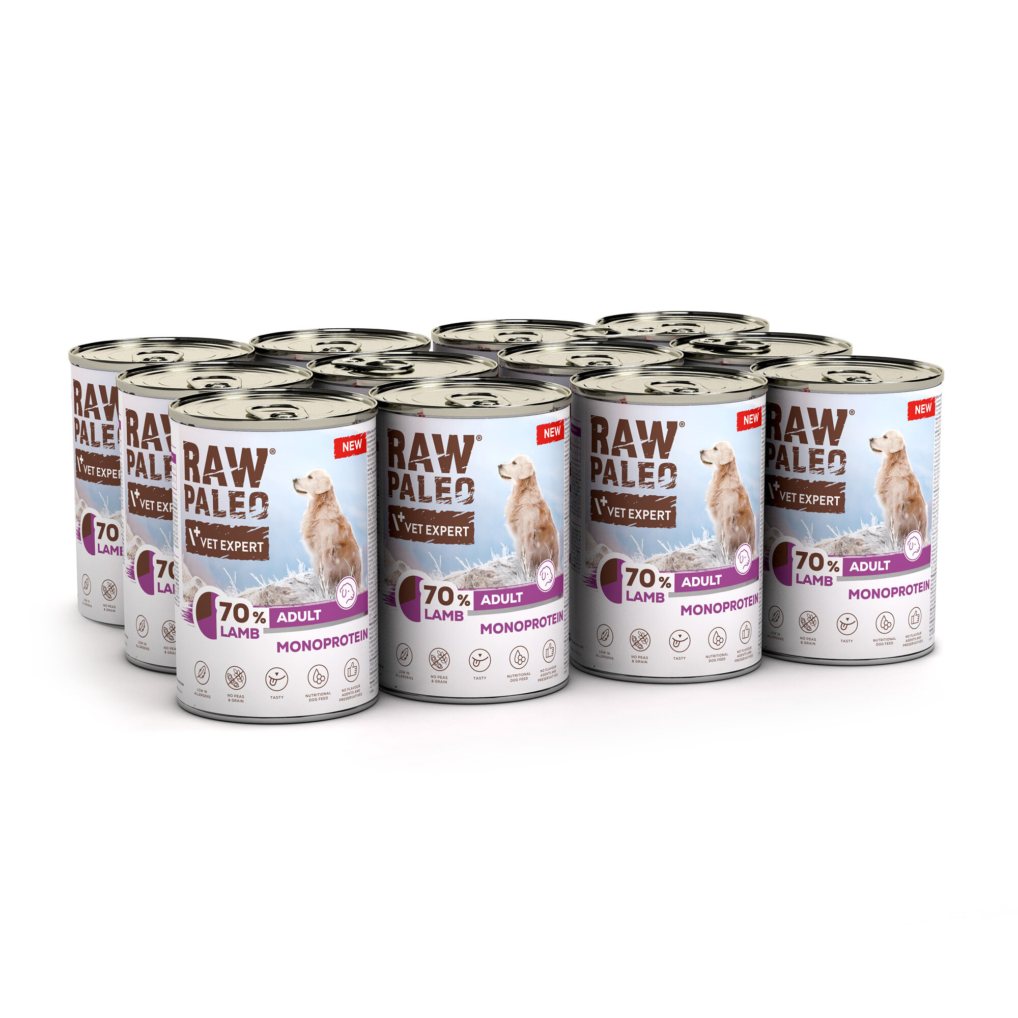 Na obrazie widoczne są puszki z karmą dla psów marki RAW PALEO VET EXPERT, z napisem \'70% LAMB ADULT MONOPROTEIN\'. Puszki są ułożone w grupie, a na etykiecie znajduje się wizerunek psa.