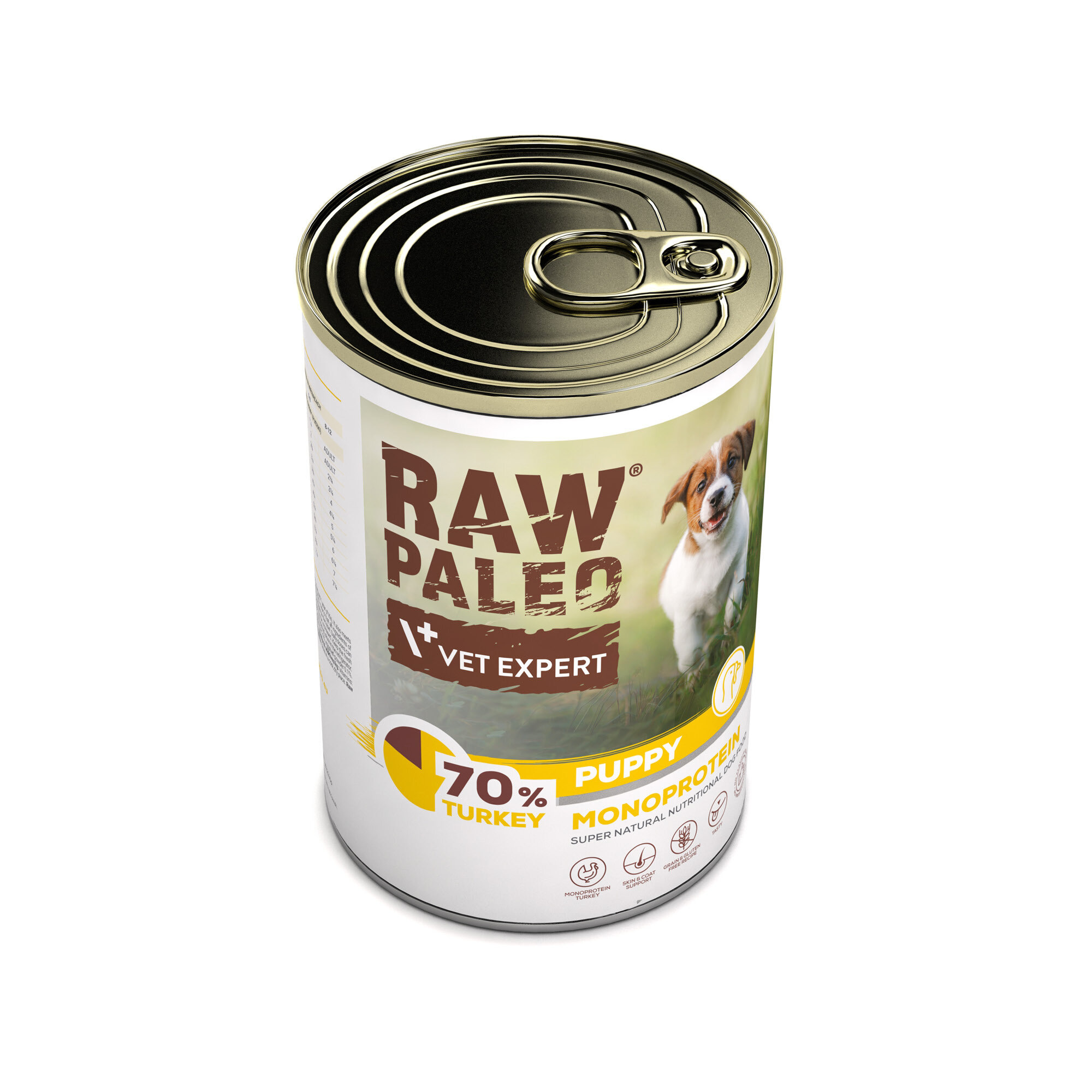 Puszka z karmą dla szczeniąt z etykietą \'RAW PALEO VET EXPERT\'. Na etykiecie widnieje napis \'70% TURKEY PUPPY MONOPROTEIN\'.