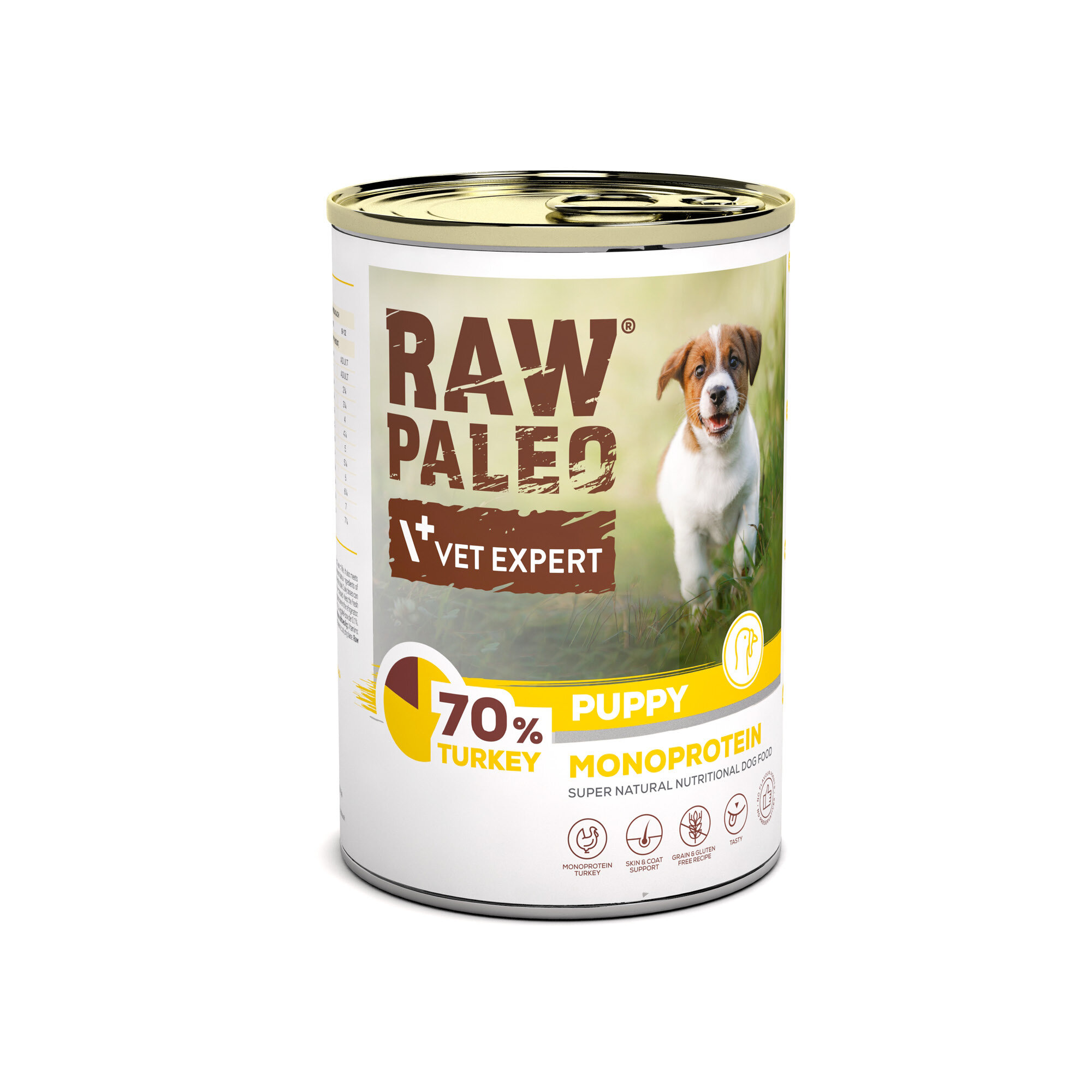Puszka z karmą dla szczeniąt marki RAW PALEO, z napisem \'70% TURKEY PUPPY MONOPROTEIN\'. Na etykiecie widoczny jest pies na tle trawy oraz logo \'VET EXPERT\'.