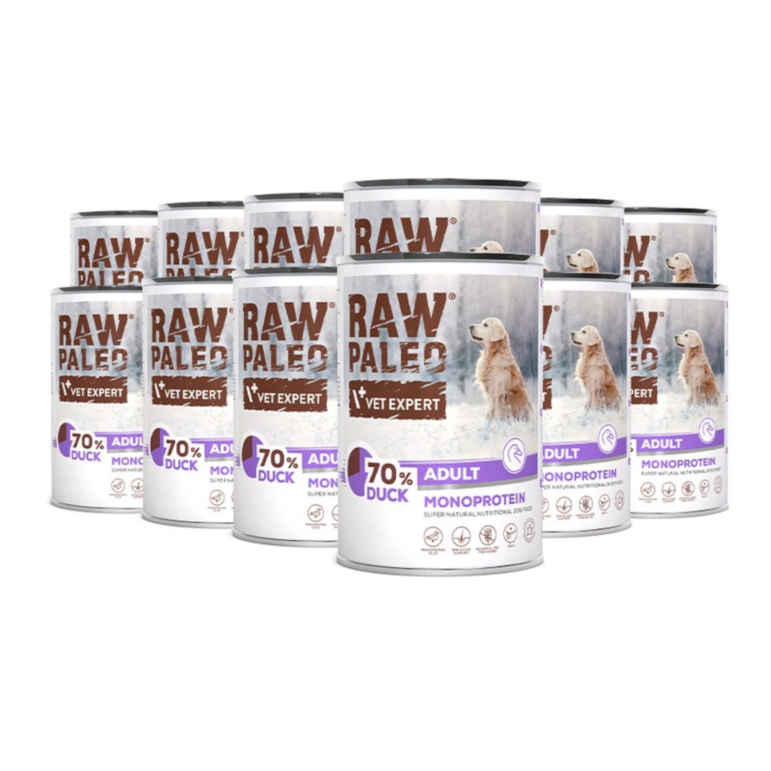 Na obrazie widoczne są puszki z karmą dla psów z napisem \'RAW PALEO VET EXPERT 70% DUCK ADULT MONOPROTEIN\'. Na etykiecie znajduje się zdjęcie psa oraz ikony informujące o cechach produktu.