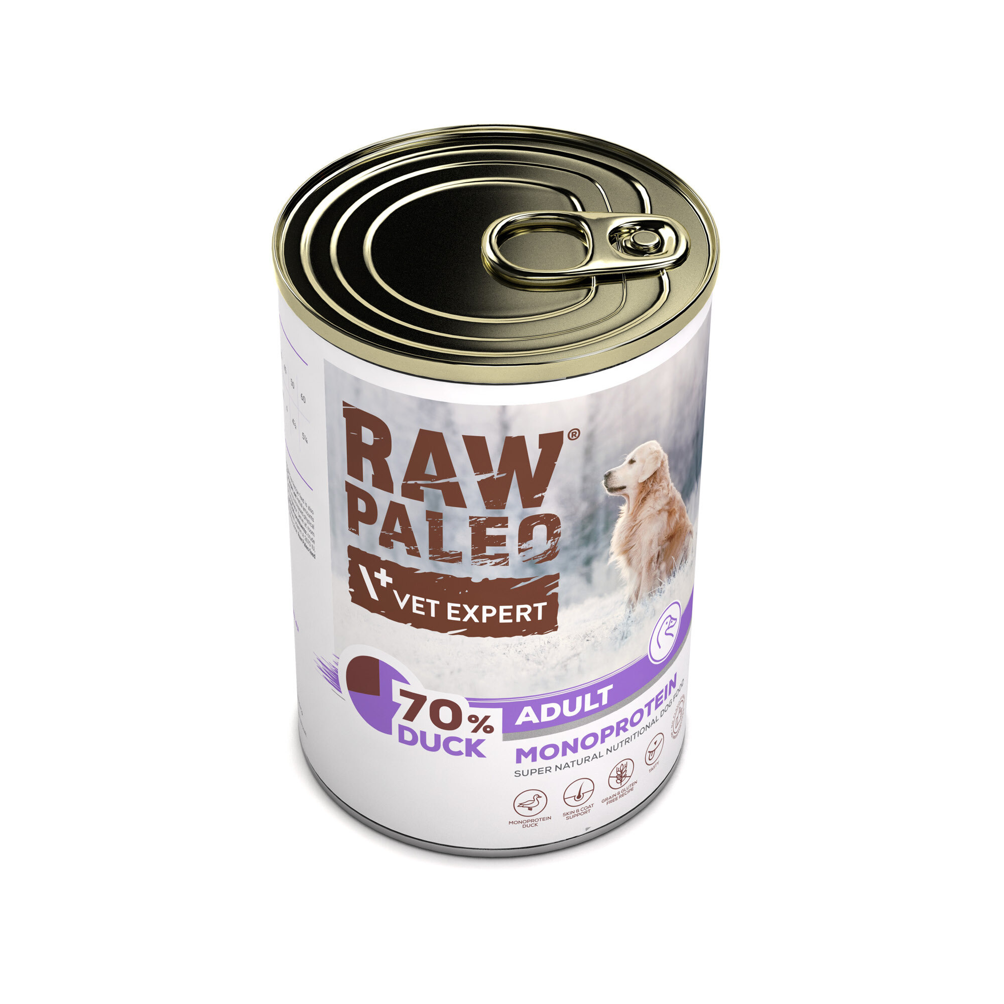 Puszka z karmą dla psów z etykietą \'RAW PALEO VET EXPERT 70% DUCK ADULT MONOPROTEIN\'. Na etykiecie widoczny jest obraz psa na tle śnieżnego krajobrazu.