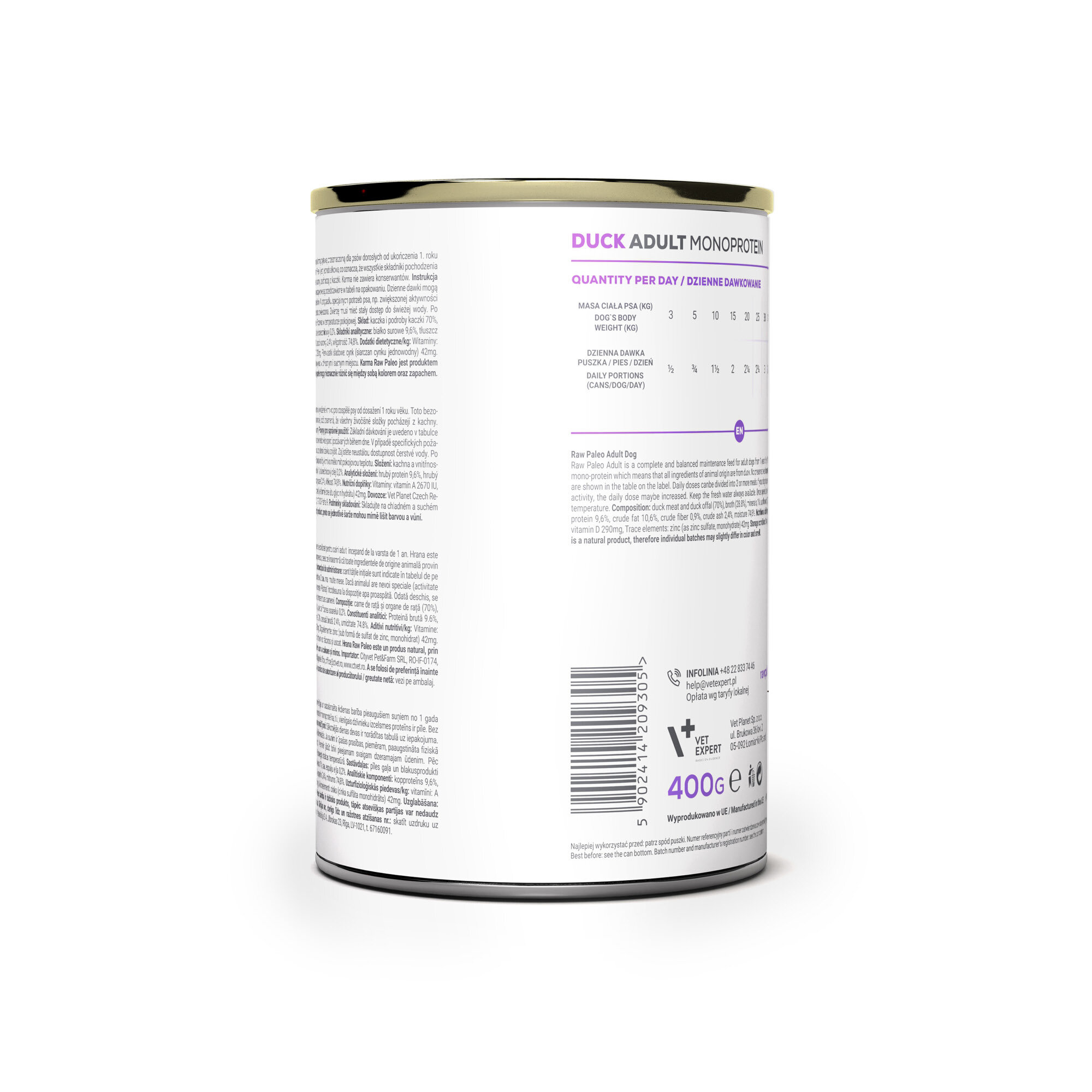 Puszka z białą etykietą zawiera tekst \'DUCK ADULT MONOPROTEIN\' oraz informacje o dziennej dawce karmy. Na dole widoczny jest kod kreskowy i napis \'400g\'.