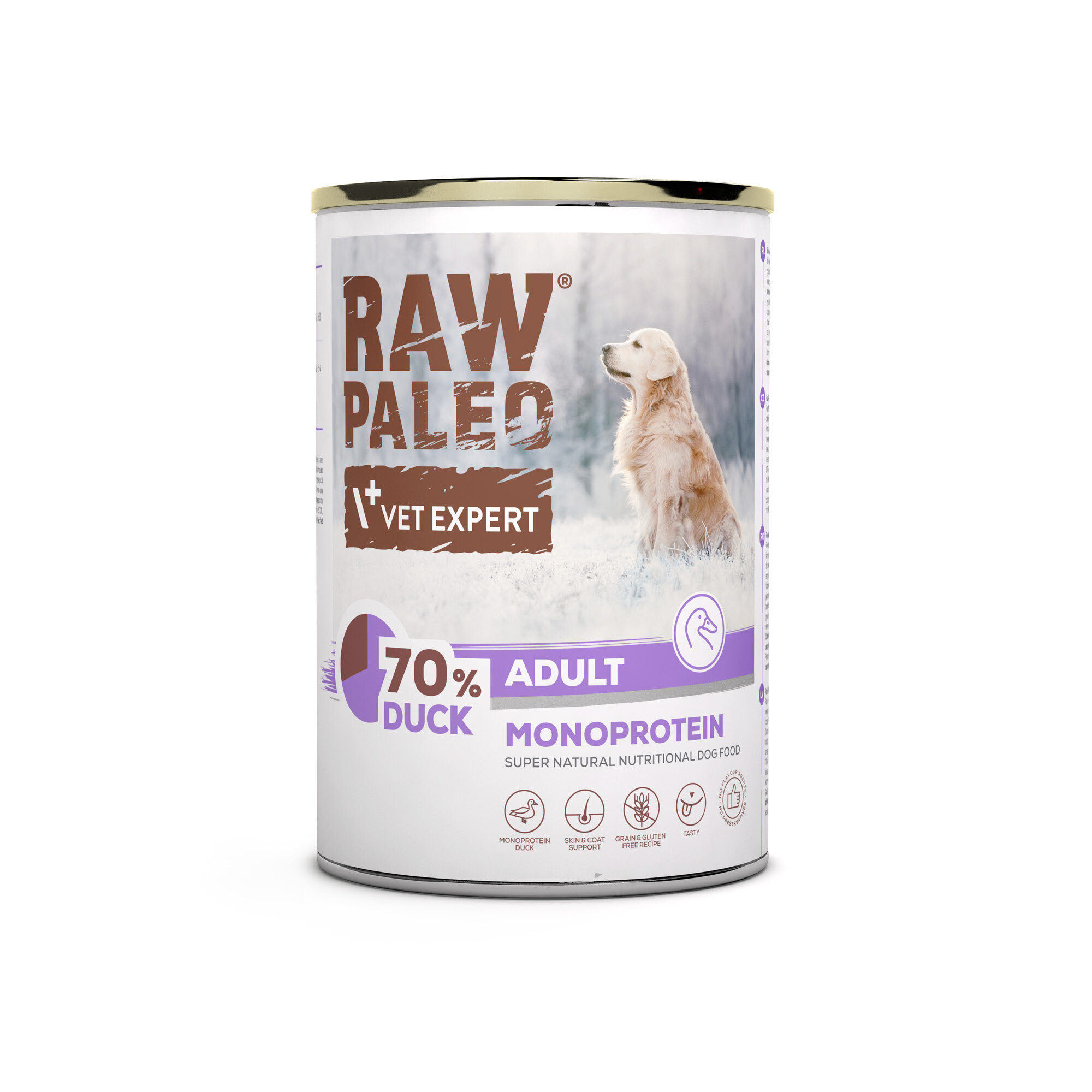 Puszka mokrej karmy dla psów z napisem \'RAW PALEO VET EXPERT 70% DUCK ADULT MONOPROTEIN\'. Na etykiecie widoczny jest pies na tle zimowego krajobrazu.