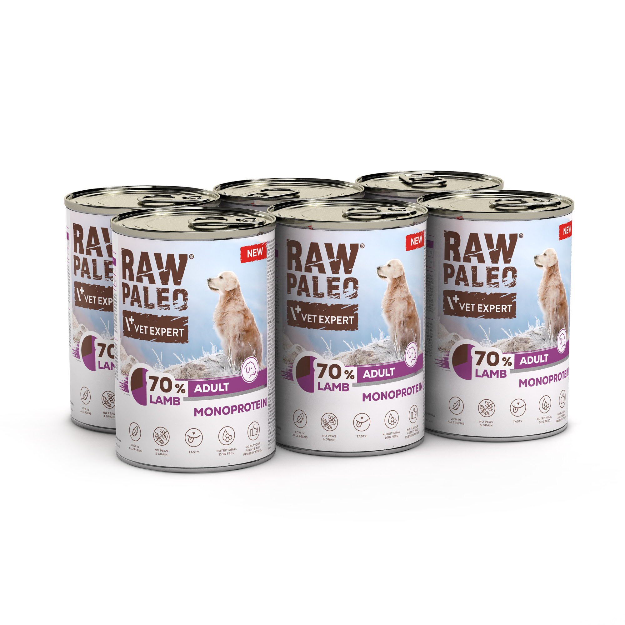 Na obrazie widoczne są puszki z karmą dla psów marki RAW PALEO VET EXPERT, z napisem \'70% LAMB ADULT MONOPROTEIN\'. Na etykiecie znajduje się ilustracja psa oraz ikony informacyjne dotyczące produktu.