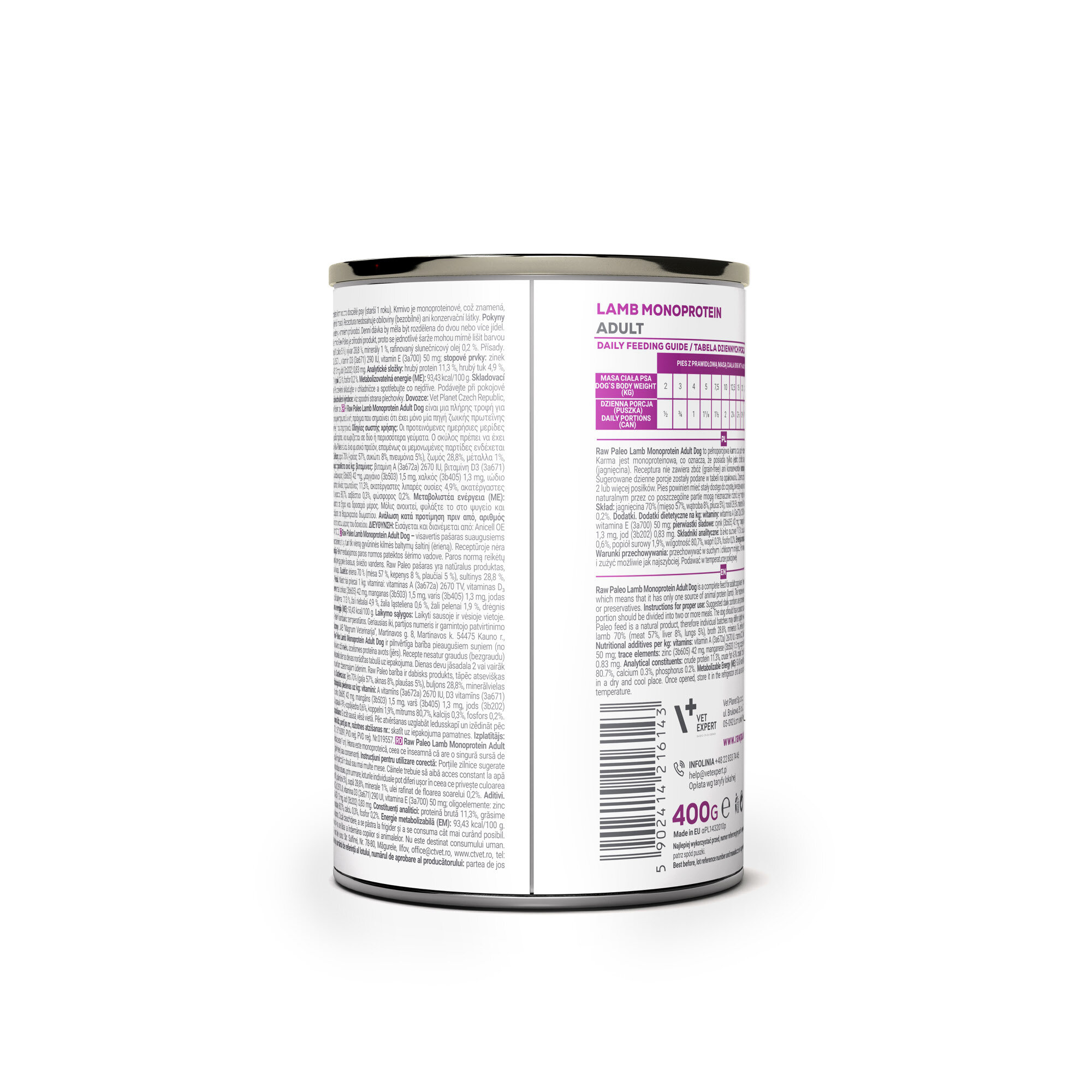 Puszka z etykietą zawierającą tekst w języku angielskim, w tym \'LAMB MONOPROTEIN ADULT\' oraz tabelę z przewodnikiem żywieniowym. Na dole widoczna jest informacja o wadze produktu: \'400g\'.