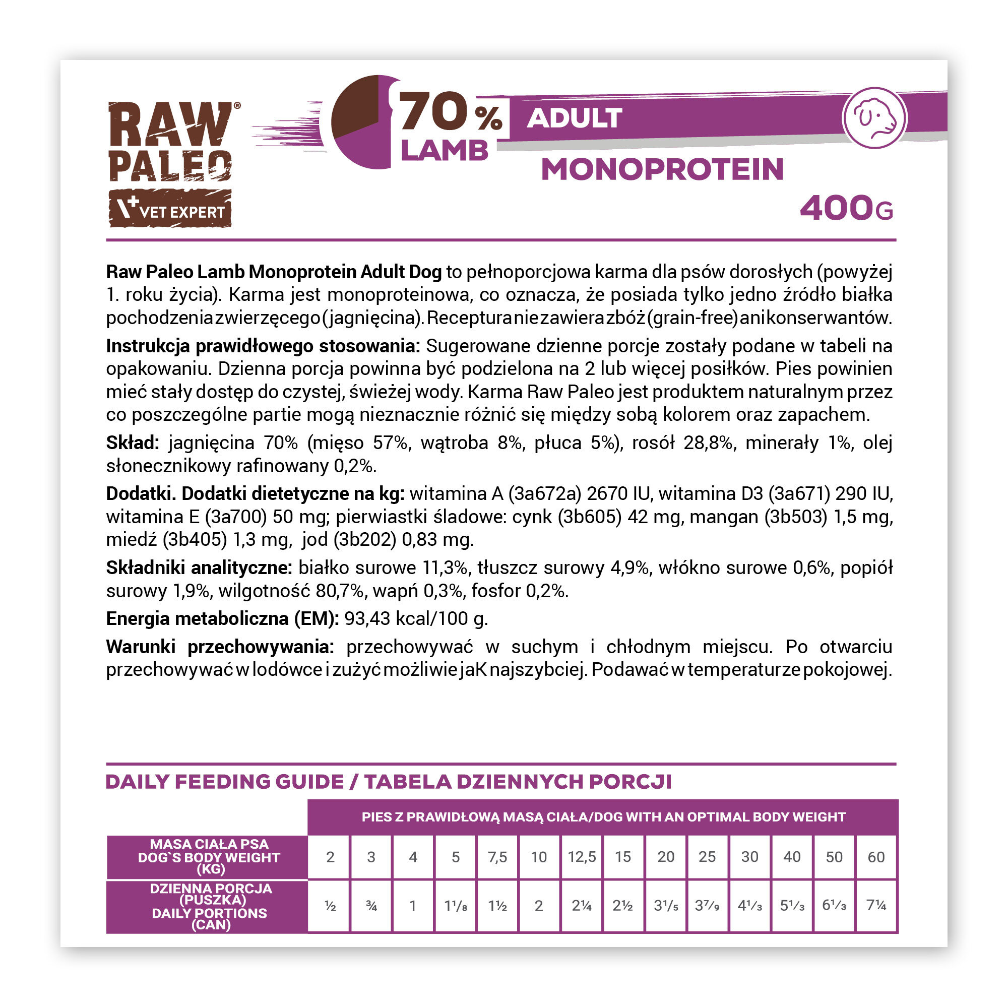 Opakowanie produktu \'RAW PALEO ADULT DOG LAMB 400g\' z informacjami o składzie, instrukcją stosowania oraz tabelą dziennych porcji. Widoczny tekst zawiera szczegóły dotyczące składników, wartości odżywczych i warunków przechowywania.