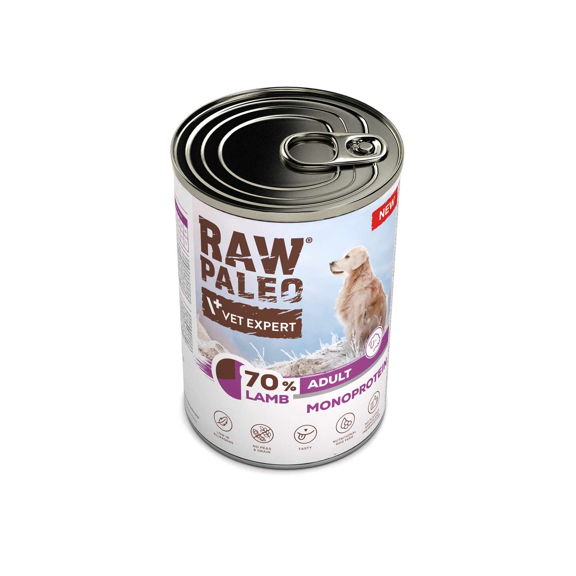 Puszka z mokrą karmą dla psów z napisem \'RAW PALEO VET EXPERT 70% LAMB ADULT MONOPROTEIN\'. Na etykiecie widoczny jest wizerunek psa oraz ikony informacyjne dotyczące produktu.