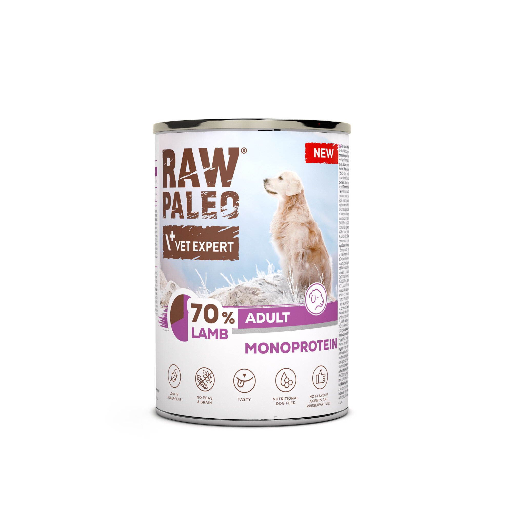 Puszka z karmą dla psów z etykietą \'RAW PALEO VET EXPERT\' oraz zdjęciem psa na tle nieba. Na etykiecie widnieje napis \'70% LAMB ADULT MONOPROTEIN\'.