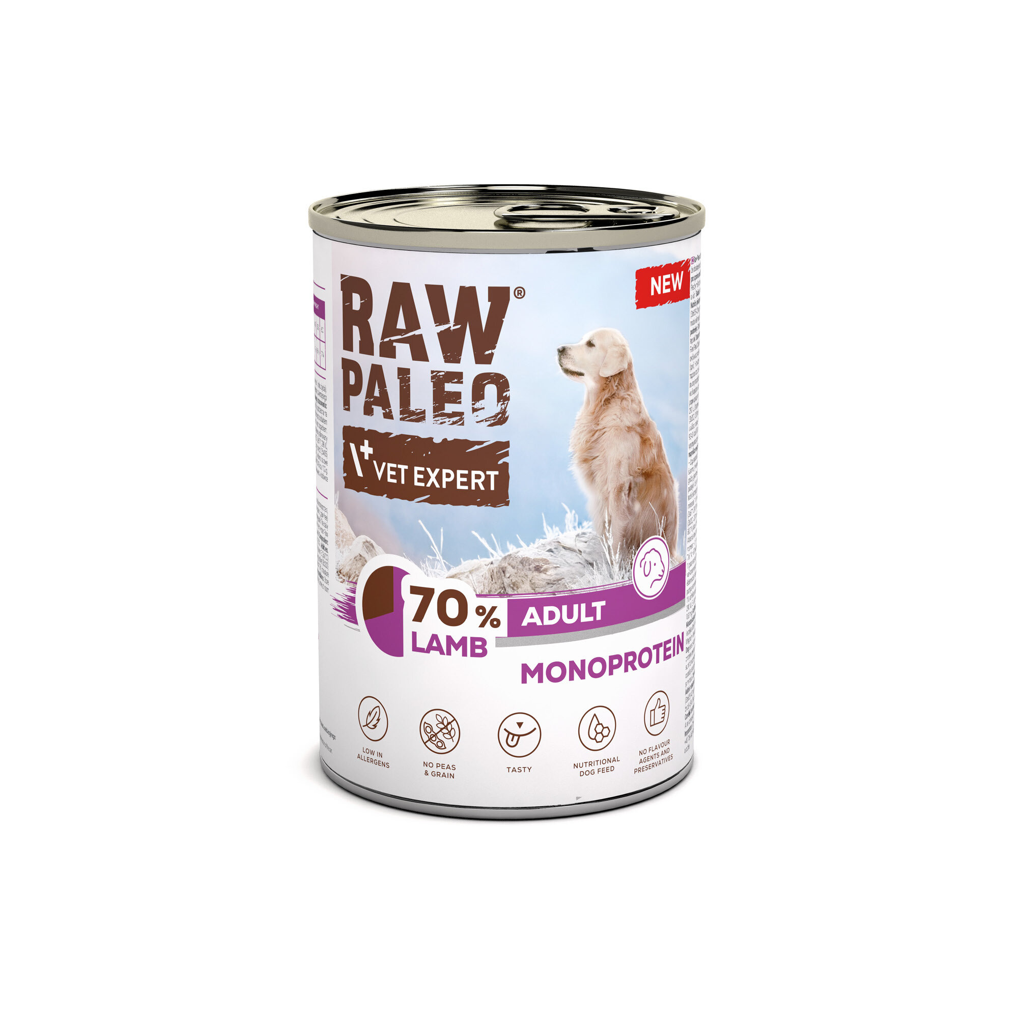 Puszka mokrej karmy dla psów z napisem \'RAW PALEO VET EXPERT 70% LAMB ADULT MONOPROTEIN\'. Na etykiecie widoczny jest pies oraz ikony wskazujące na brak zbóż i grochu, smakowitość oraz pełnowartościowość karmy.