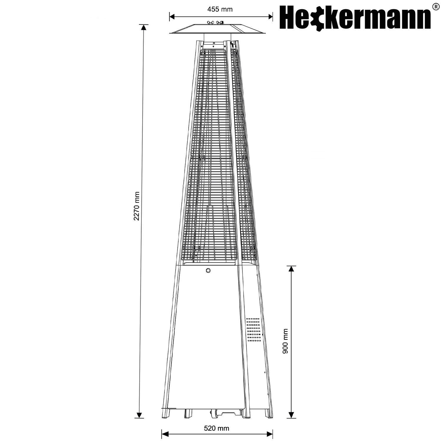 Schemat ogrzewacza tarasowego w kształcie piramidy z wymiarami: wysokość 2270 mm, szerokość podstawy 520 mm, szerokość górnej części 455 mm. Logo \'Heckermann\' widoczne w prawym górnym rogu.