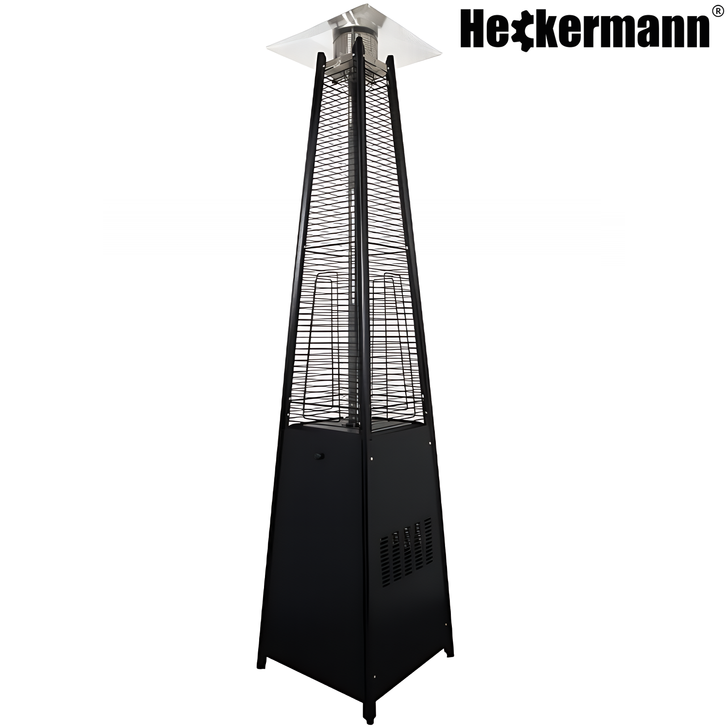 Czarny ogrzewacz tarasowy w kształcie piramidy z metalową kratką ochronną i srebrnym daszkiem na górze. Widoczne logo \'Heckermann\' w prawym górnym rogu.