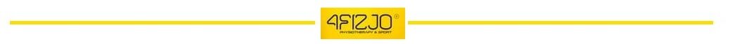 Żółty pasek z logo \'4FIZJO\' na środku.
