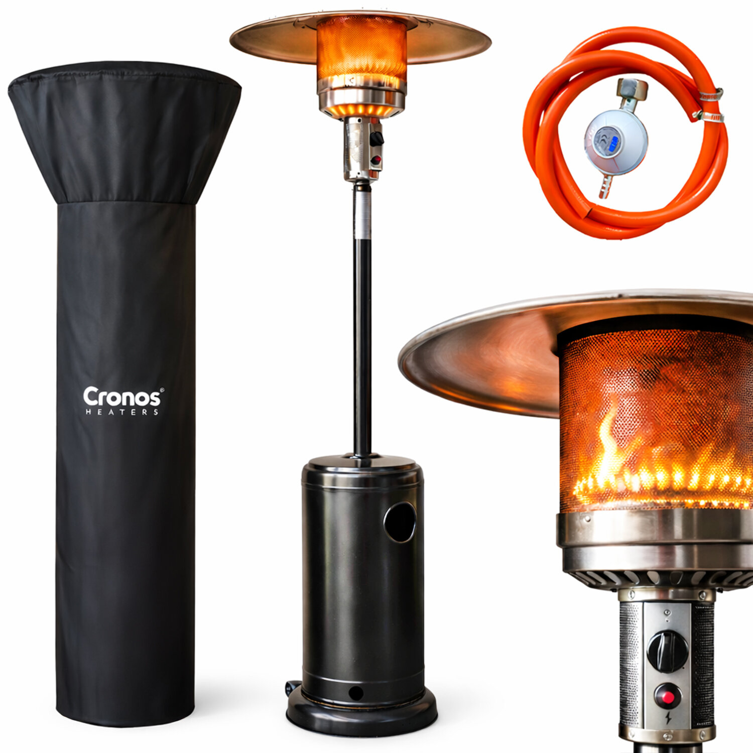 Na obrazie widoczny jest gazowy ogrzewacz tarasowy z płomieniem, osłoną ochronną z napisem \'Cronos Heaters\' oraz wężem gazowym z regulatorem.