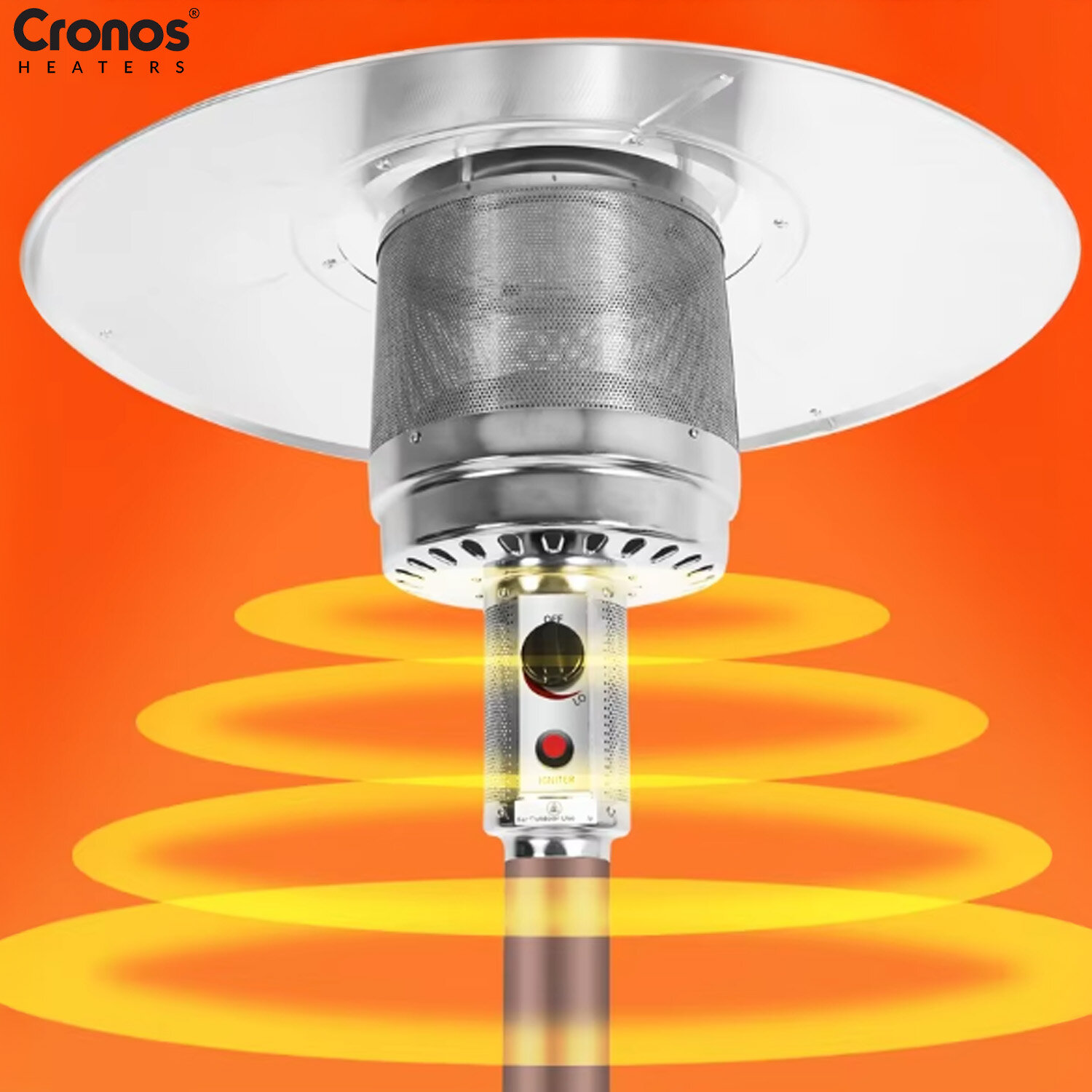 Ogrzewacz tarasowy gazowy z metalowym korpusem i dużym reflektorem, emitujący żółte fale ciepła na pomarańczowym tle. Logo \'Cronos Heaters\' widoczne w lewym górnym rogu.