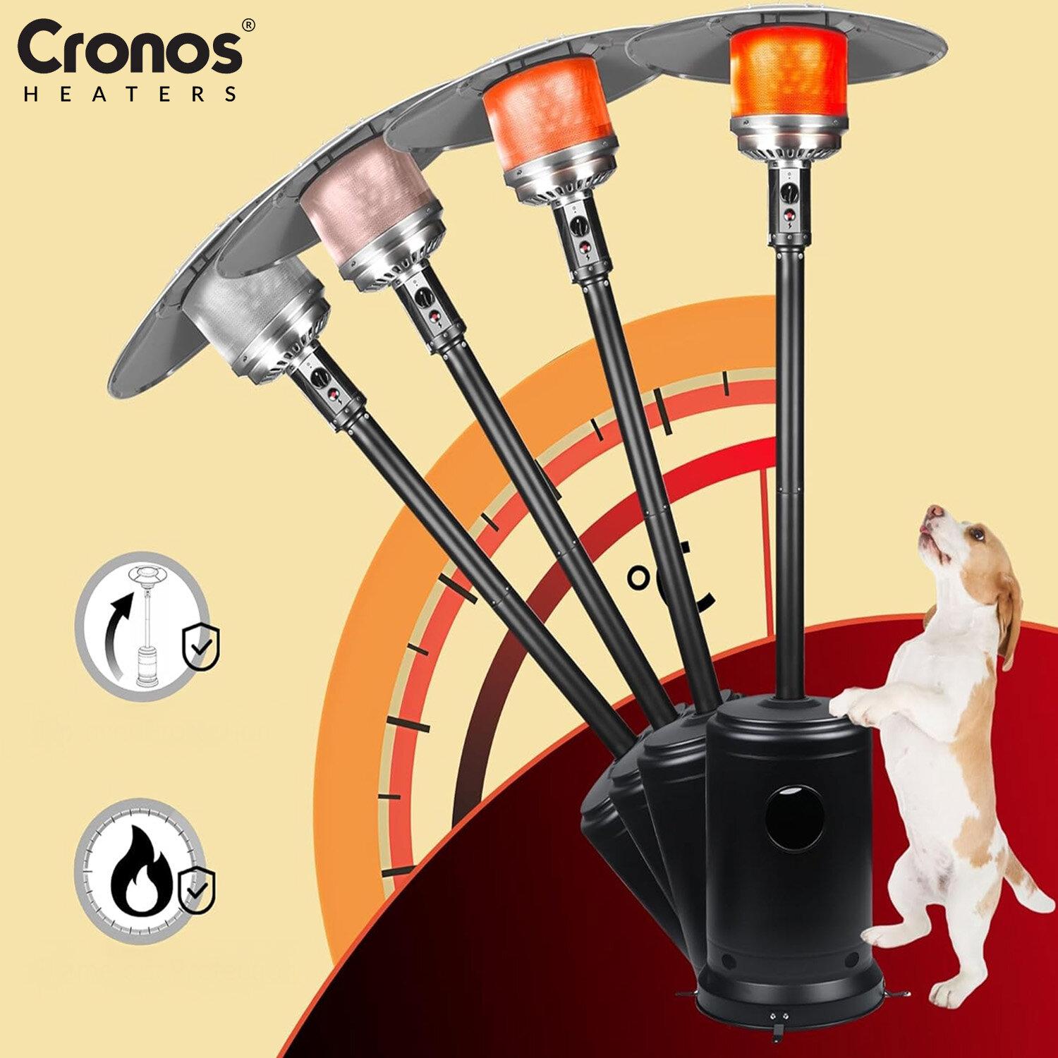Obraz przedstawia cztery gazowe ogrzewacze tarasowe Cronos FSD-A-XX w różnych kolorach, ustawione pod kątem. W tle widoczne jest logo \'Cronos Heaters\' oraz pies stojący na tylnych łapach.