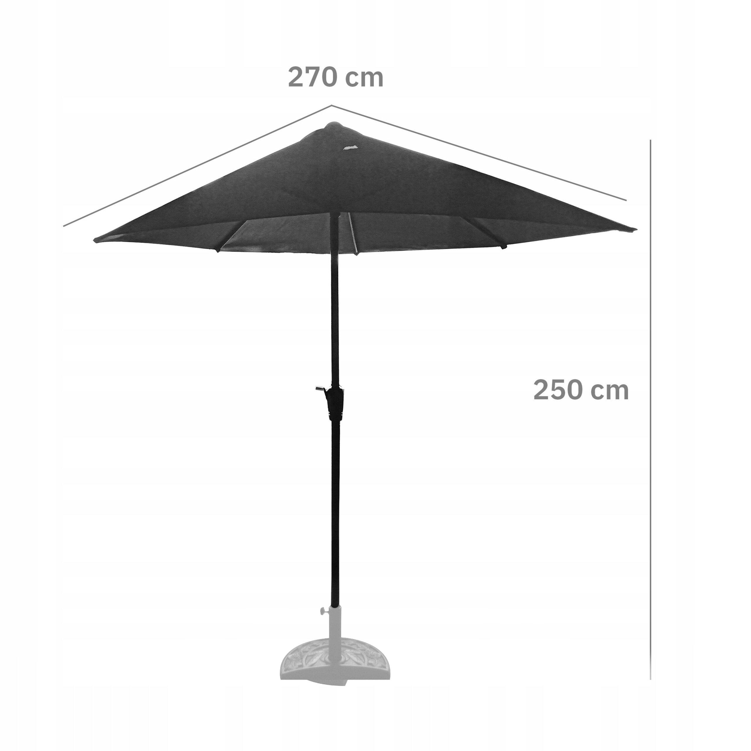 Duży, szary parasol ogrodowy o średnicy 270 cm i wysokości 250 cm, z korbką do składania.
