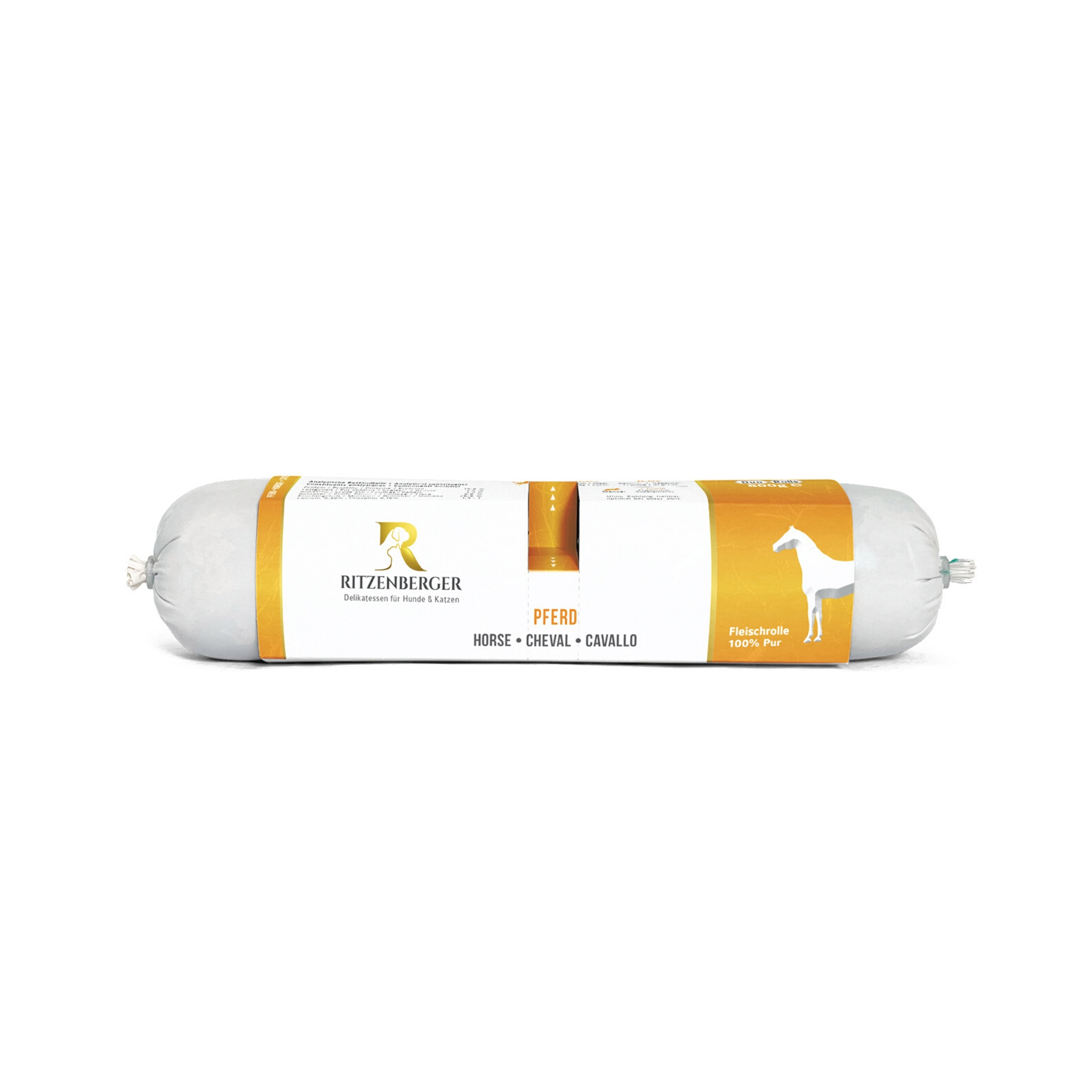 Opakowanie produktu Ritzenberger z napisem \'PFERD HORSE • CHEVAL • CAVALLO\' oraz logo producenta. Widoczny jest także rysunek konia i informacja \'Fleischrolle 100% Pur\'.