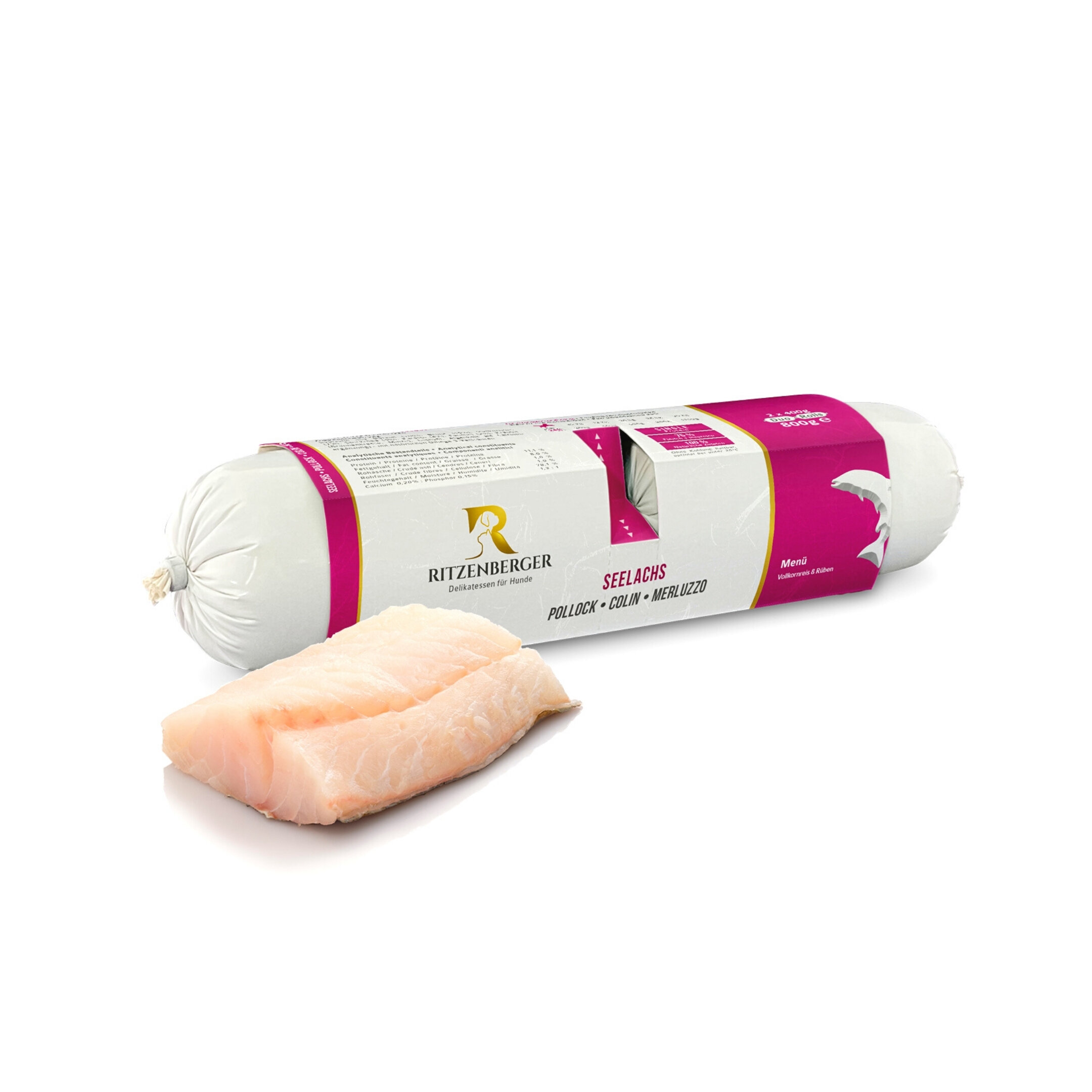 Na obrazie widoczna jest rolka karmy mokrej dla psa marki Ritzenberger z napisem \'SEELACHS POLLOCK COLIN MERLUZZO\'. Obok znajduje się kawałek surowego łososia.